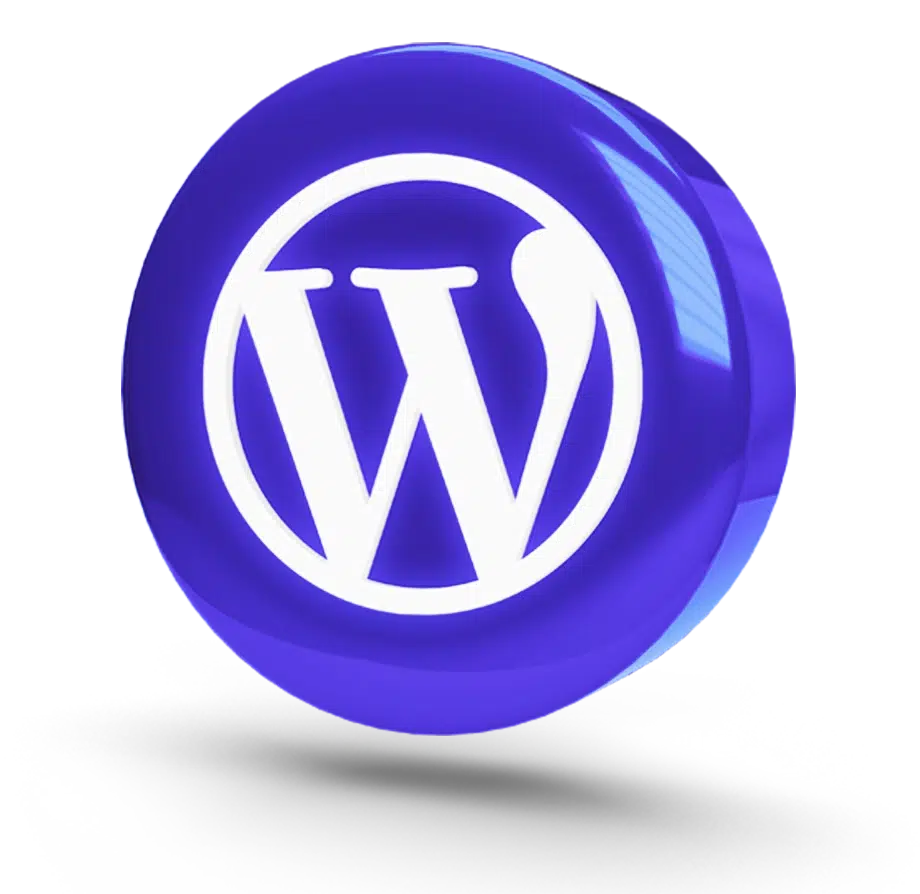 Logo de wordpress en color blanco sobre una esfera azul en forma de sello flotante.