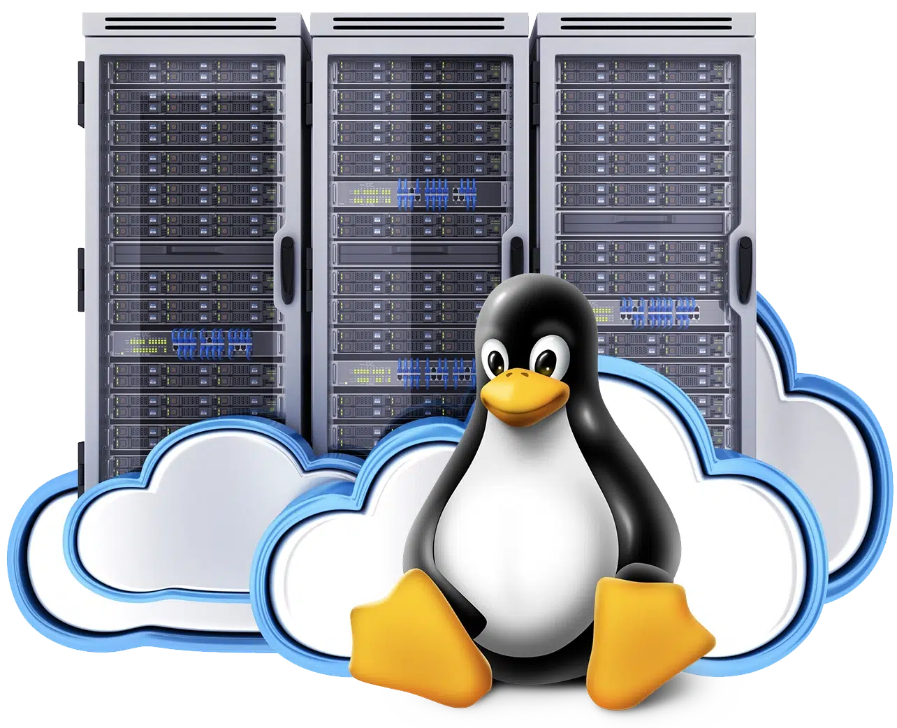Imagen de un servidor web en un fondo con una nube azul y el logo de linux en primer plano, ilustrando un servidor dedicado linux.